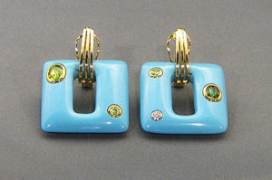 Earrings in 18K YG with R.Turquoise, Peridot, Diamonds
